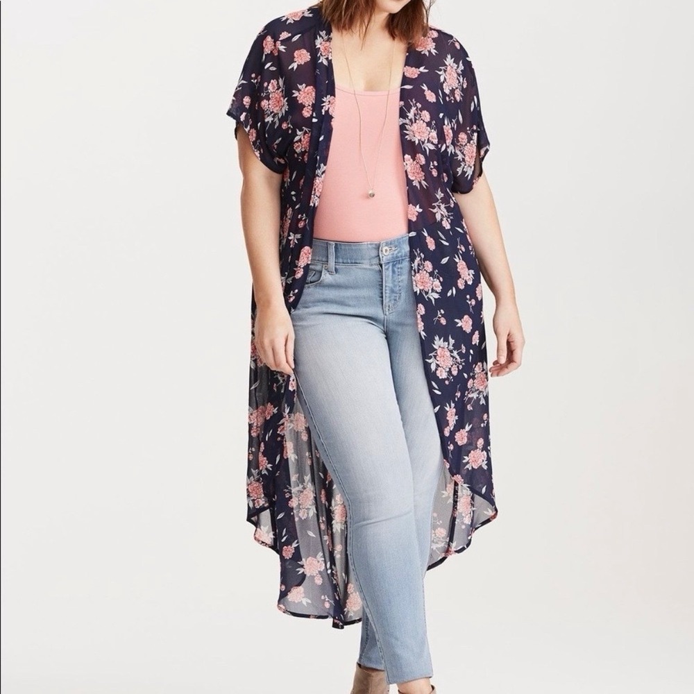 Torrid Blue Pink Floral Sheer Chiffon Duster Open Kimono Boho Layers Size 3X 4X‎